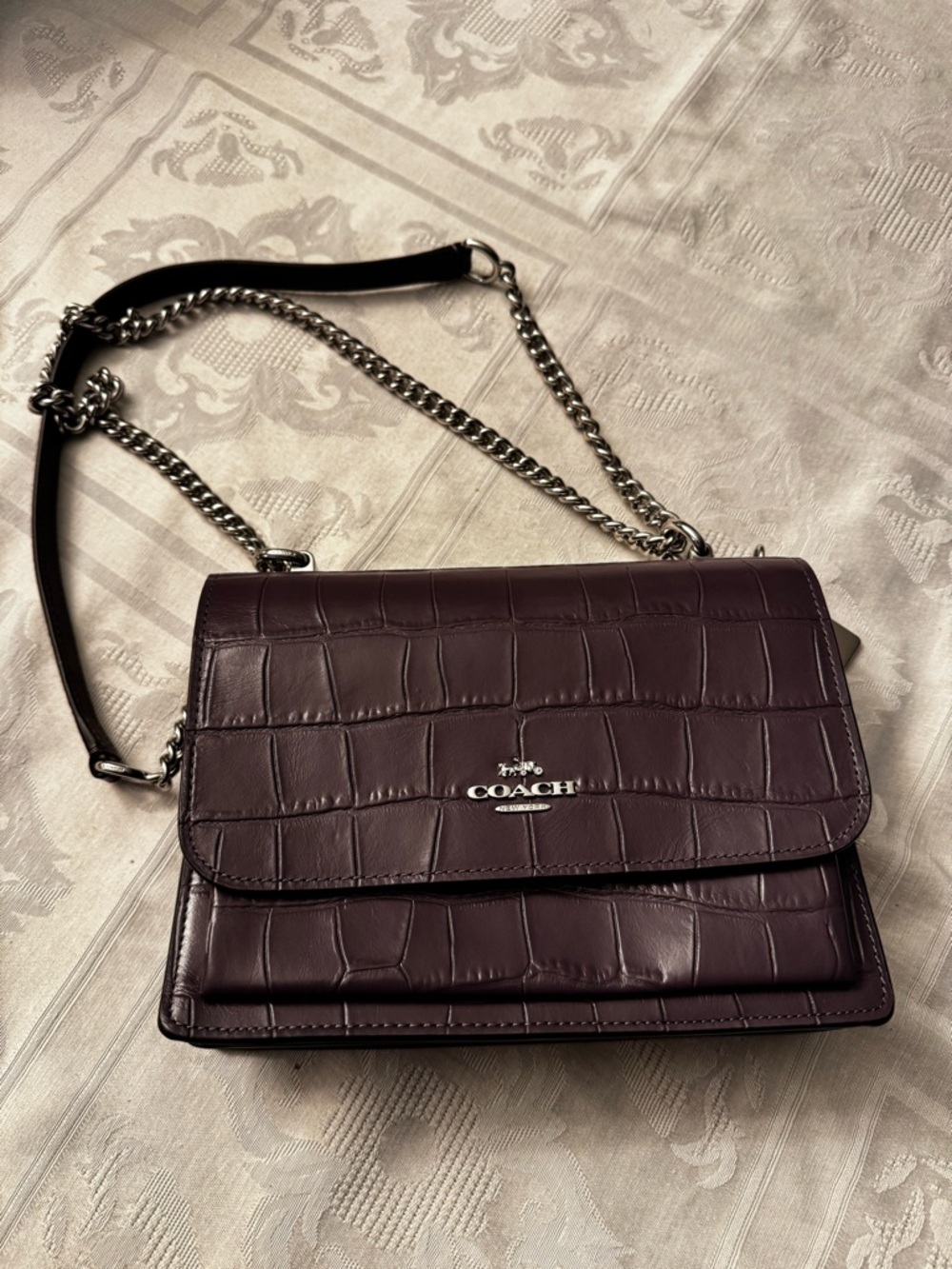 Coach Klare Croc-Embossed Leather Crossbody in Plum with Silver Chain